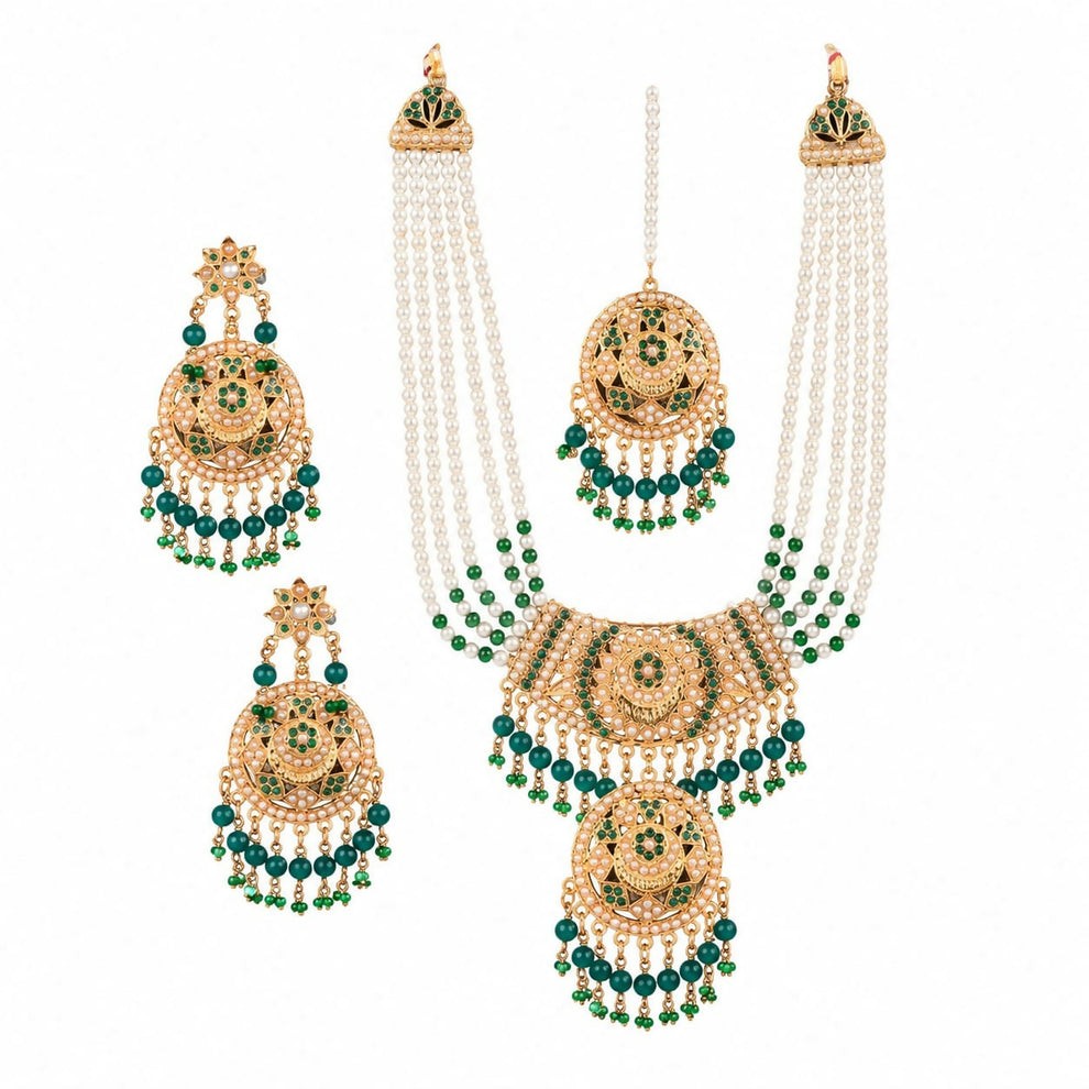 Empress Emerald Multi-Layered Pearl Bridal Jewelry Set - Gold Plated with Kundan and Green Dangles