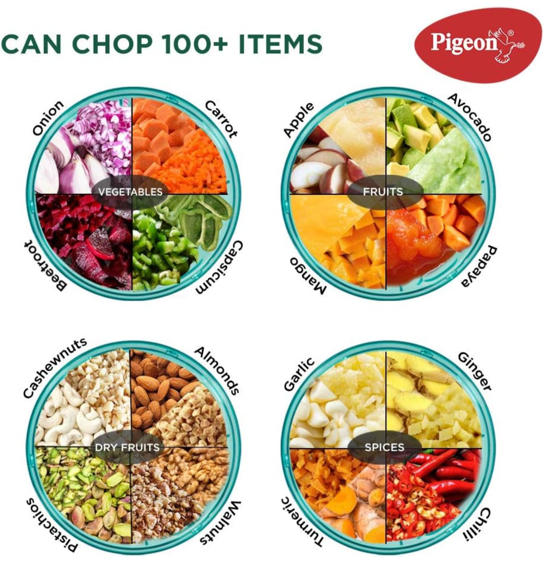 Pigeon Polypropylene Mini Handy and Compact Chopper with 3 Blades for Effortlessly Chopping Vegetables and Fruits for Your Kitchen (12420, Green, 400 ml)