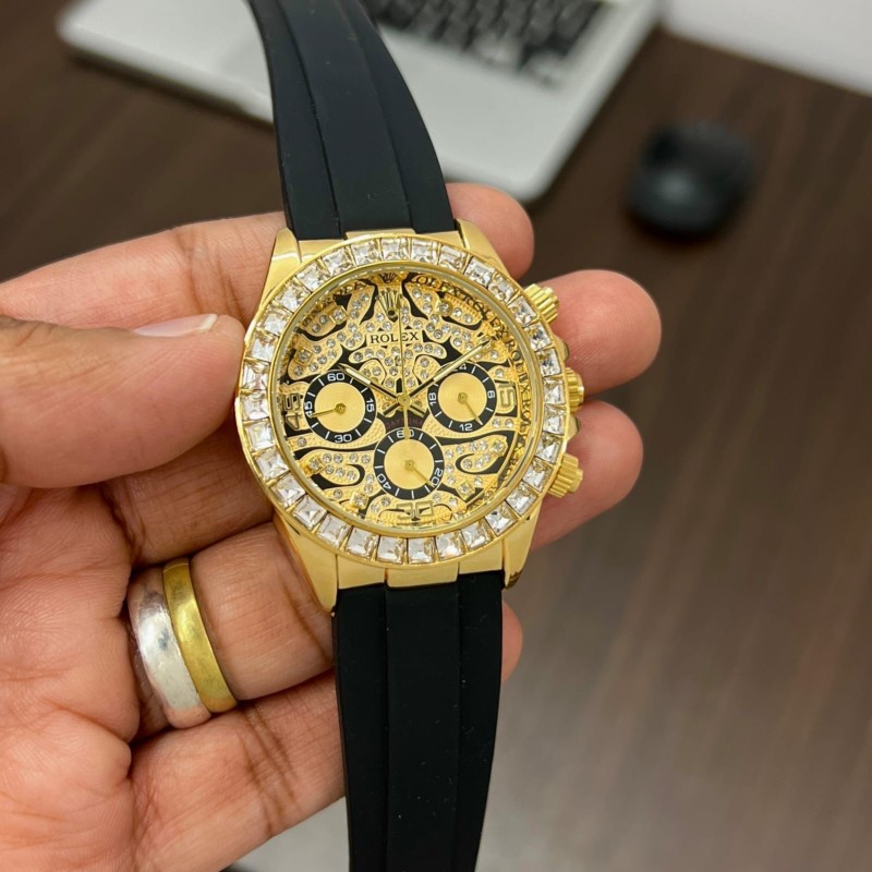Luxury Men Gold Chronograph Watch | Rolex Watch, Tiger Eye Watch Crystal Embellishments, Black Silicone Strap, Decorative Subdials, Stylish Watch for Unisex