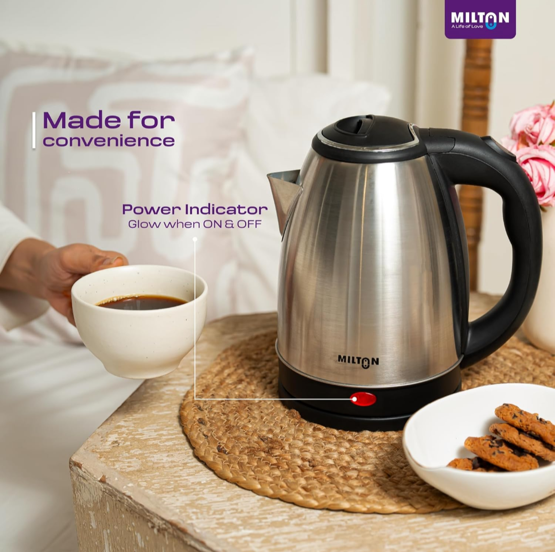 Milton Rapid Electric Kettle 1.8L | 1500 Watts | Stainless Steel Hot Water portable Electric Kettle for Home, Office | Auto Shut-Off with Wide Mouth | Cool-touch Handle and Single-Touch Lid Lock