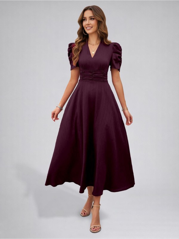 Womens Puff Sleeve Maroon Solid V-Neck A-Line Midi Dress | Big offer On A-Line dress