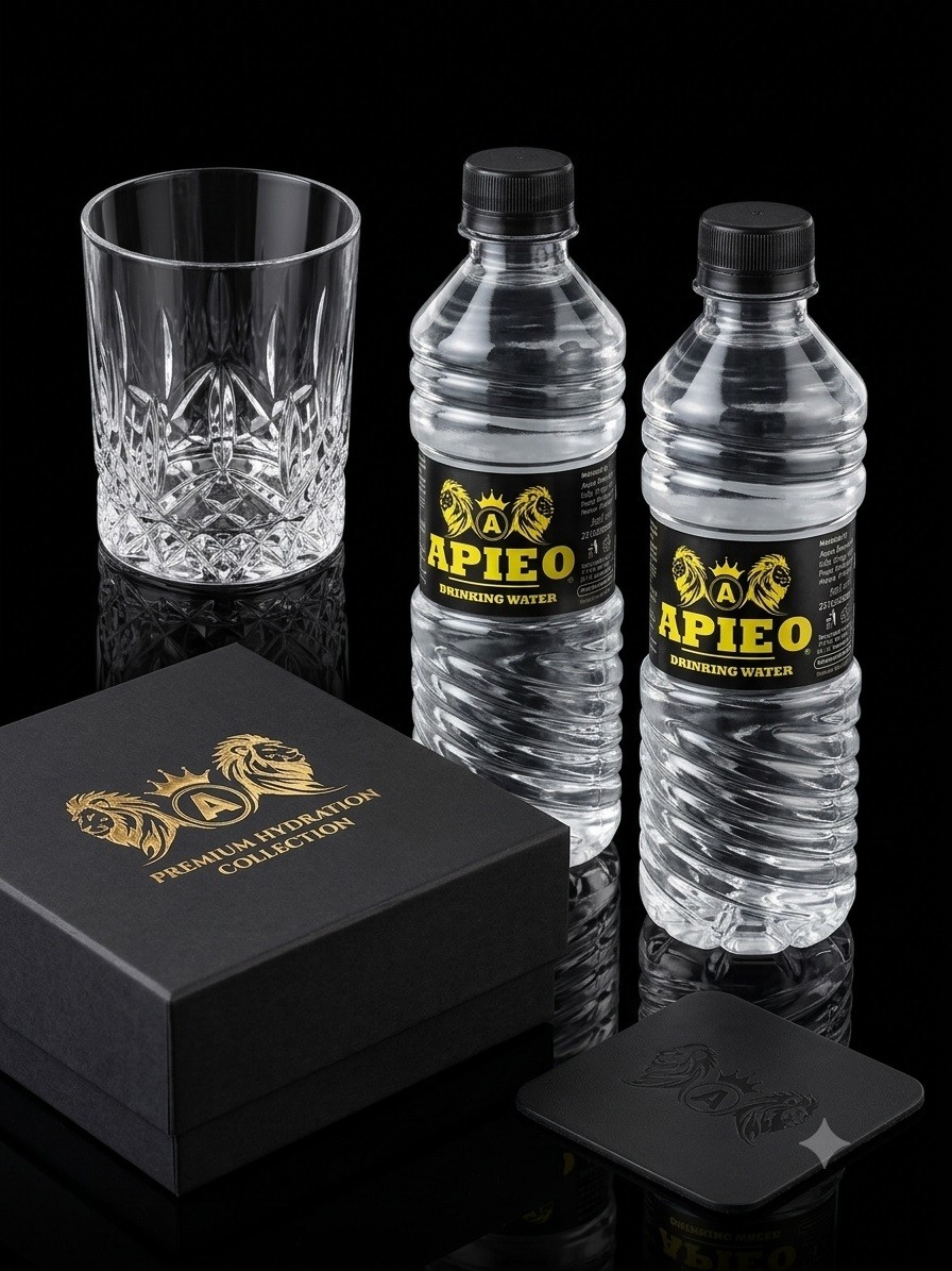 Apieo 24K Gold logo Premium Packaging Design and Premium Bottle Gold Drinking Water
