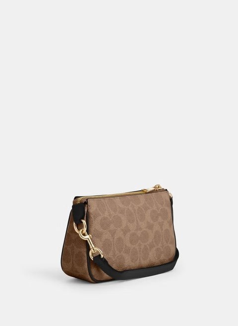 Coach Classic Nolita Shoulder Bag, Tan Signature Canvas, Black Leather Accents, Gold Hardware, Compact Purse Fits 6.1-inch Phone