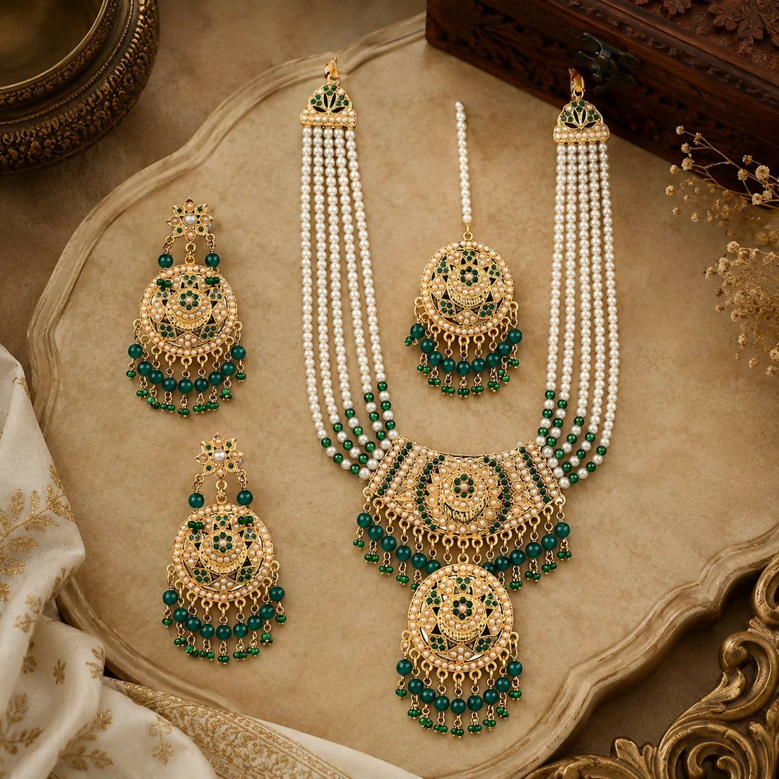 Empress Emerald Multi-Layered Pearl Bridal Jewelry Set - Gold Plated with Kundan and Green Dangles