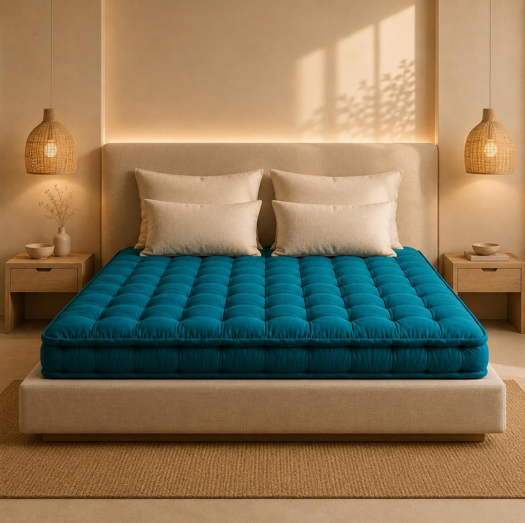 Khadi Essential Cotton Filled Mattress Gadda Soft & Reversible, Pure Cotton Fabric, Firm Gadda for Floor & Bed, (72 x 72 x 4 Inches,) (Coral Green, King) (King)