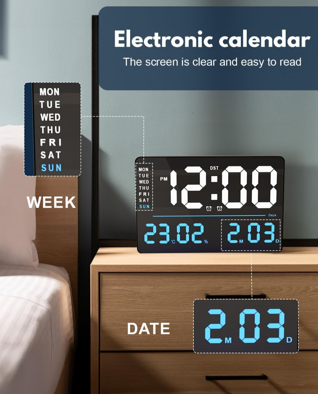 16-Inch Digital Alarm Wall Clock, Table Clock Large LED Display with Remote Control, Auto Dimmer,Temp &Humidity, Dual Alarms for Home, Office, Bedroom, Living Room, Gym (Big)
