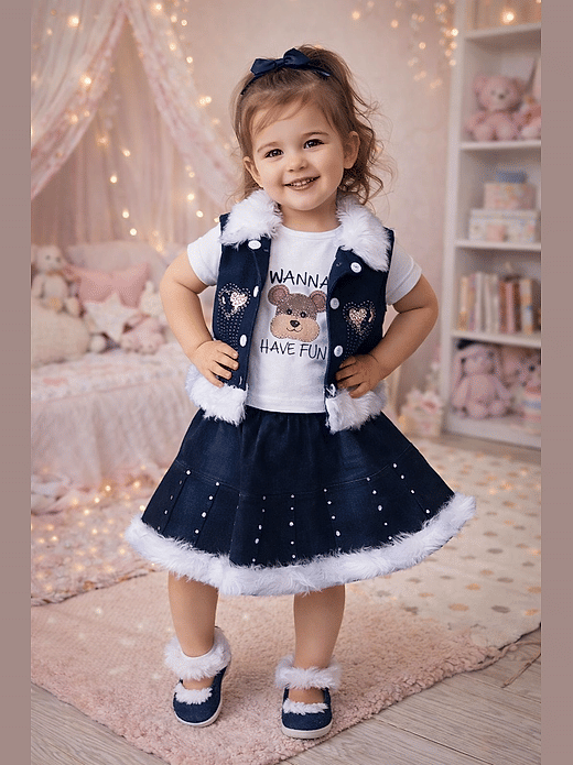 Premium Branded Baby Girls Denim T-Shirt & Skirt Set – Pack of 1 (White & Blue)