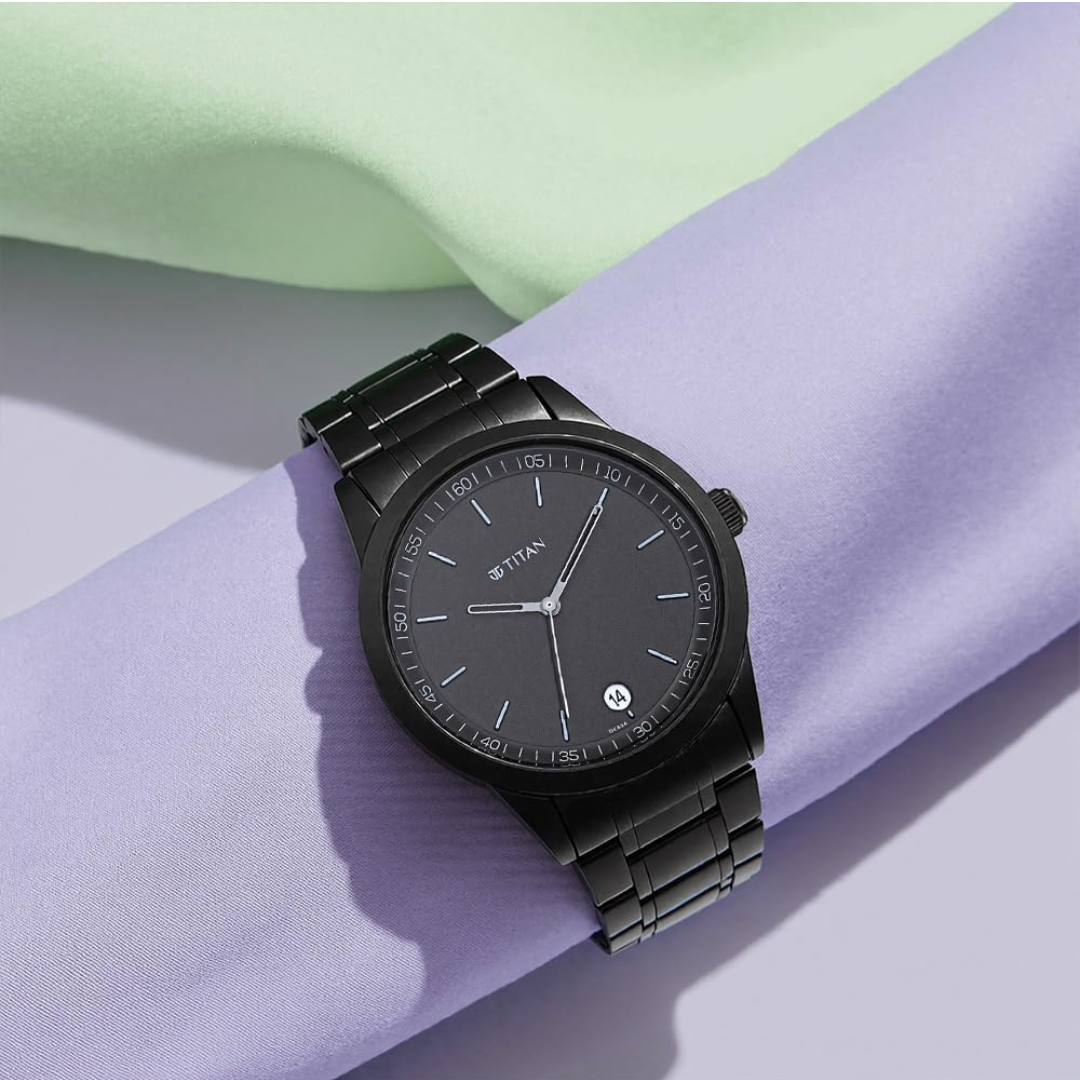 Titan Minimalist Quartz Analog with Date Black Dial Black Metal Strap Watch For Men - NT1806NM01