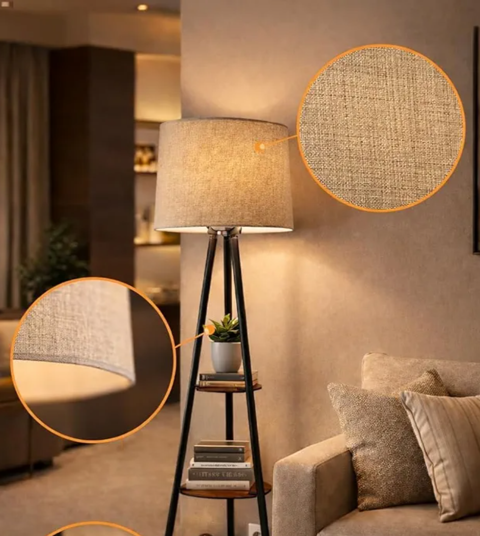 Luxury lamp | Floor Lamp with Wooden Shelf, Warm White Light, Linen Fabric Shade, Storage Display Design for Living Room, Bedroom and Reading Areas