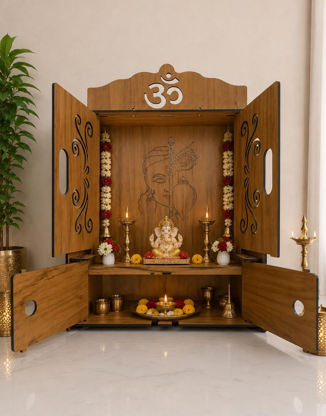 Wooden Pooja Mandir for Home | Small Temple with Drawer | Wall Mounted & Table Top Mandir | OM & Bell Design Home Temple | Brown Wooden Pooja Ghar for Home & Office