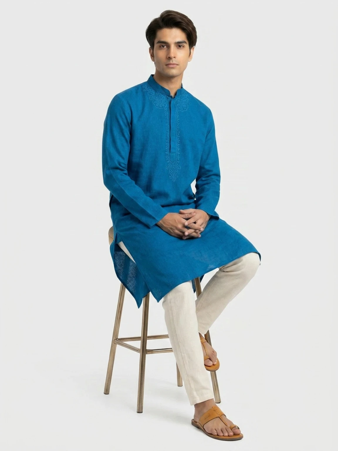 Raymond Embroidered Pure Cotton Straight Kurta for Men (Blue)