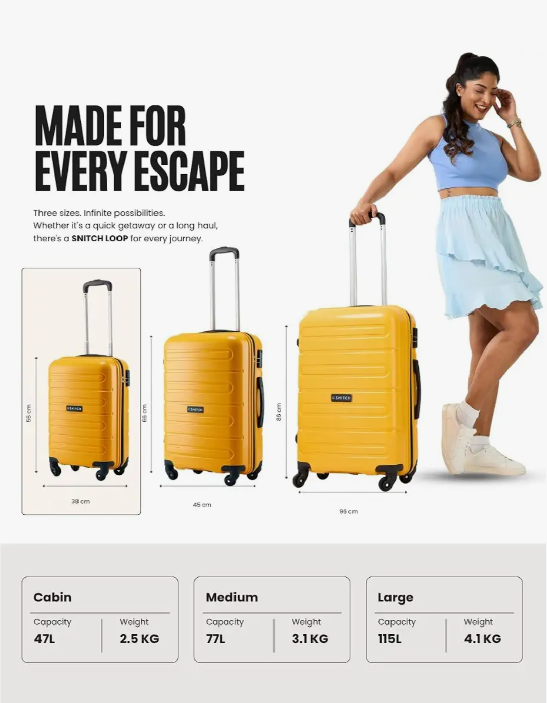 264 SNITCH Loop Cabin Size Yellow Polypropylene Hard Travel Suitcase - Trolley Bag Small & Luggage with 4 Wheels, Secure Lock & Free Shoe Bag