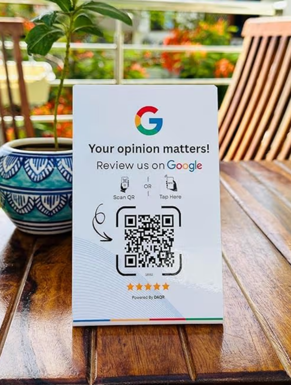 Standee with QR Code for Google Review | Boost Business Reviews with Tap or Scan | Pre-Configured | 4 Inches x 6 Inches | NFC Review Standee | Self Setup | White