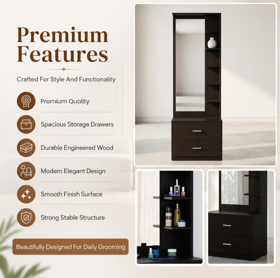 Wood Single Door Wooden Vanity Dressing Table (Modern) | Pre-Assembled Furniture with Mirror | Makeup & Accessories Storage
