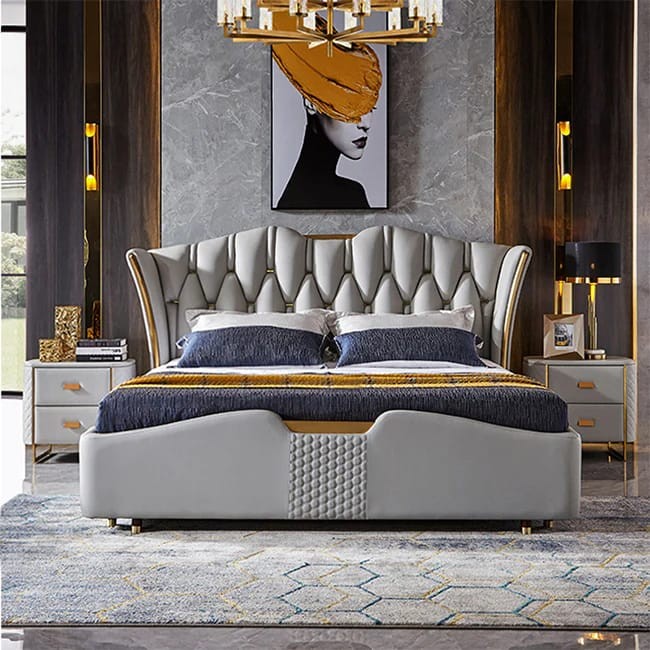 Luxury black Leather Bed, King Size Bed Frame, Bed Room Furniture
