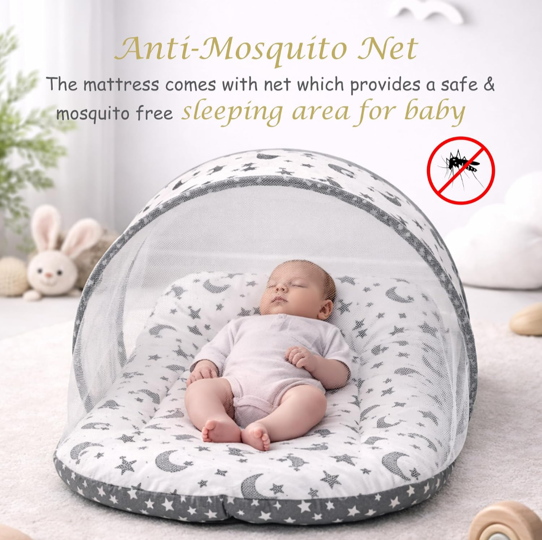 Combo of Baby Nest | Net with Bed | Carry Bag | 4 Pcs Bedding Set(0-6 Months) (Fullset_Nest) (Grey Moon)