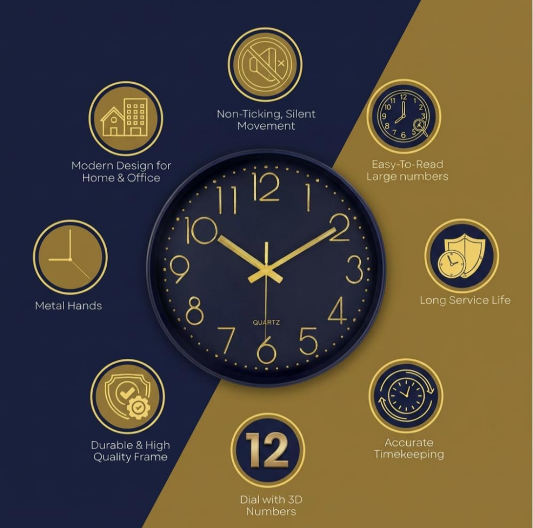 Modern Silent Wall Clock -  Battery Operated Analog Wall Clock with Large Numbers | Non-Ticking Quartz Movement | Tempered Glass for Living Room | Bedroom | Office |Kitchen