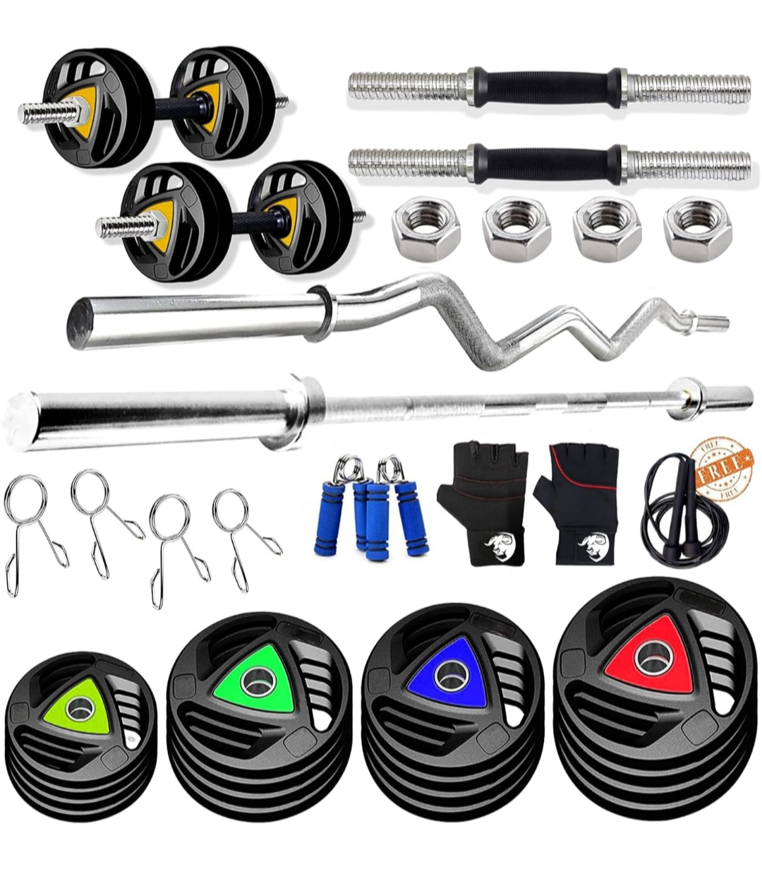 Adjustable Rubber Coated Weight Plates with Rods 30kg Set with 5ft Straight, 3ft EZ Curl Rod, Metal Rubber Weight Plates (28mm Hole) (30KG HOME GYM SET)