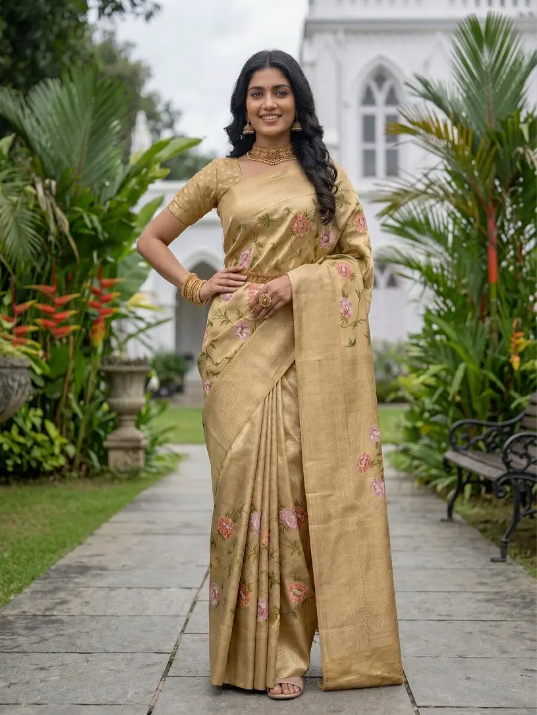 MIMOSA Women's Chiku Art Silk Kanjivaram Saree (Unstitched Blouse) | embrodiary | 6.2