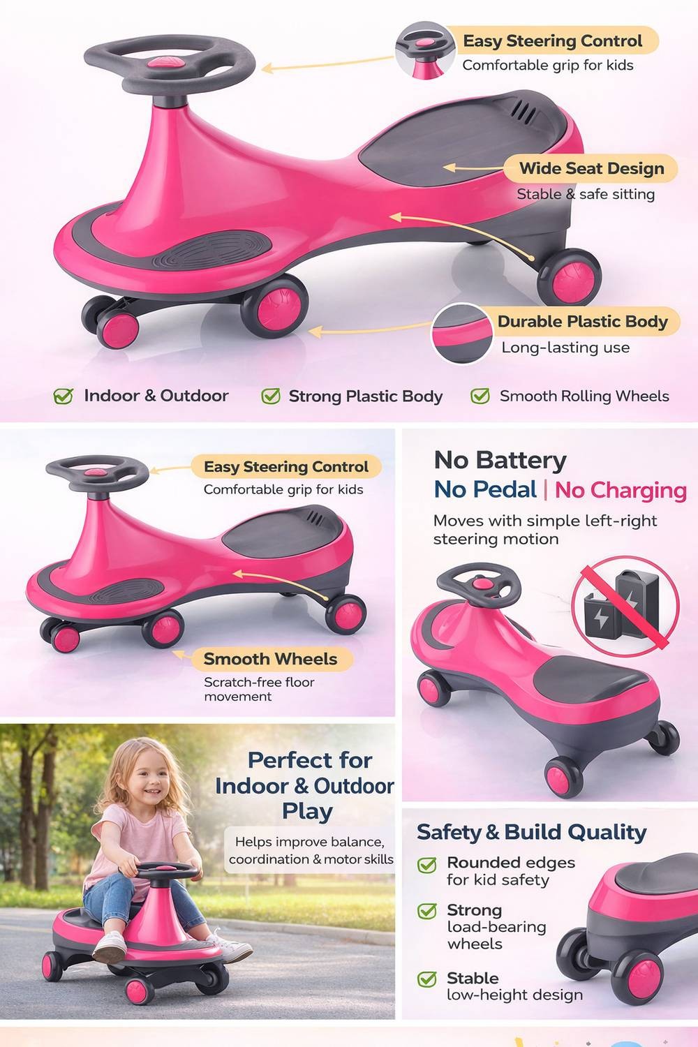 Swing Car Ride-On Toy for Kids | Self Propelled Wiggle Car | No Battery Required | Smooth Steering | Indoor Outdoor Toy Car | Multi Color available | Ages 3+