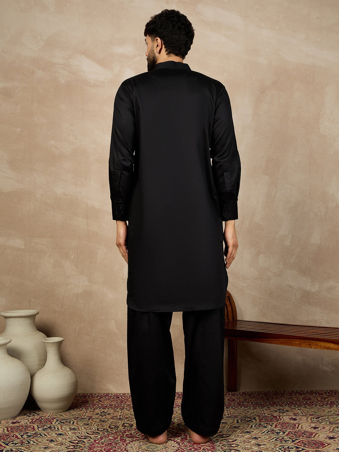 Black Cotton Pathani Kurta Pajama Set For Men