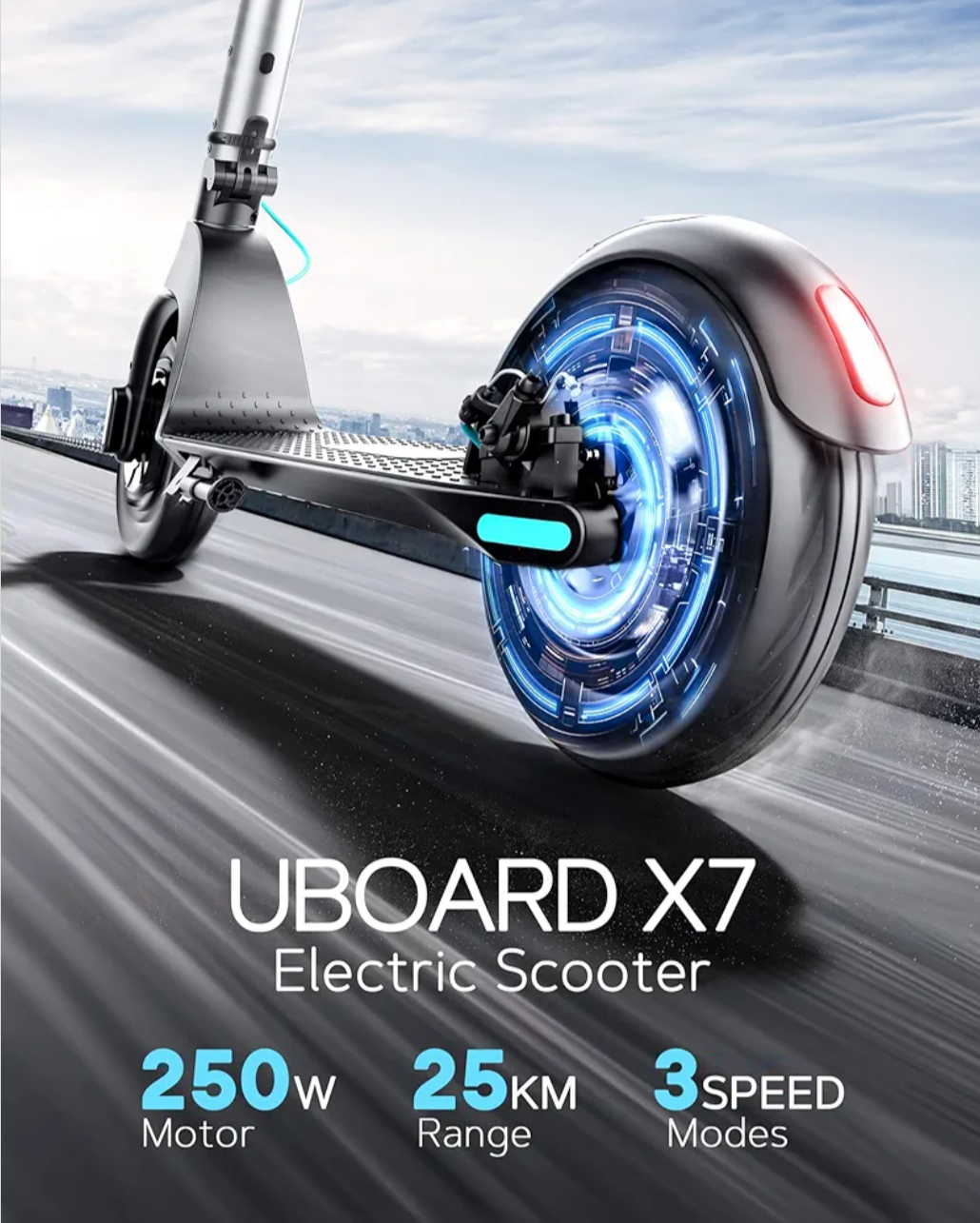 UBOARD X7 Electric Scooter: Max Speed 25 Km/H, Range 25 Km, 3 Speed Modes, 3-Hour Fast Charging, Fold-N-Carry Design, LED & Disc Brake, Lightweight, 125 Kg Capacity, Silver, Adult