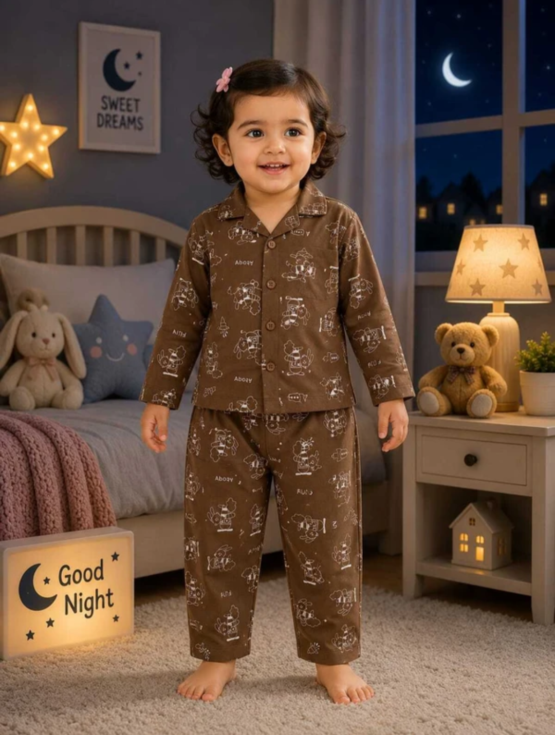 Baby Printed Cotton Kids Nightwear (Brown Pack of 1)
