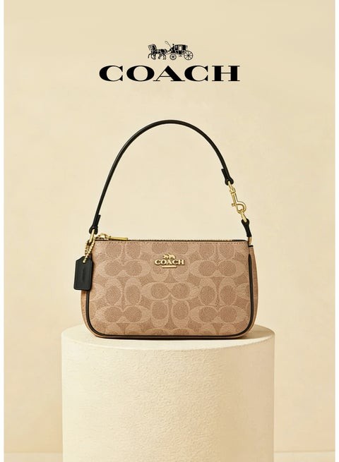 Coach Classic Nolita Shoulder Bag, Tan Signature Canvas, Black Leather Accents, Gold Hardware, Compact Purse Fits 6.1-inch Phone