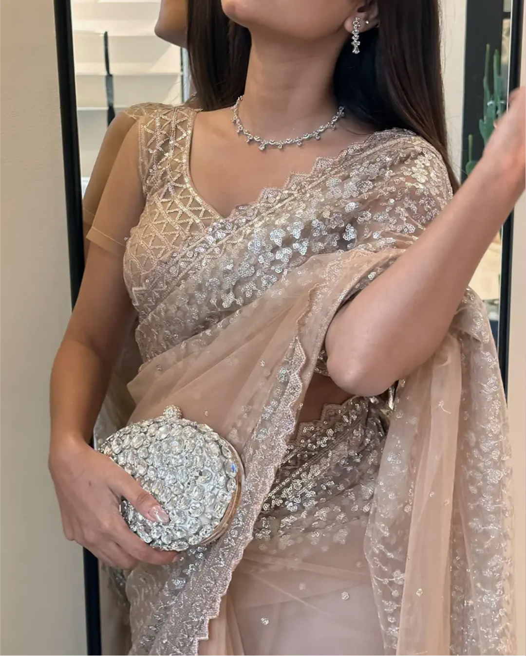 Naari Women's Brown Beige Chiku Net Gold Sequence Saree With Blouse