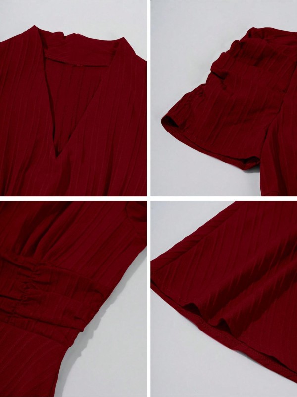 Womens Puff Sleeve Maroon Solid V-Neck A-Line Midi Dress | Big offer On A-Line dress