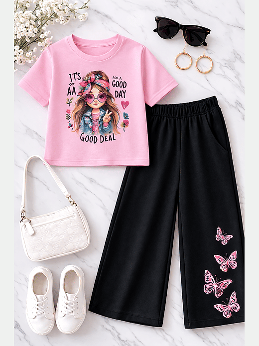 FABOZA Cotton Blend T-shirt & Pants Set (Pink, Pack of 1)