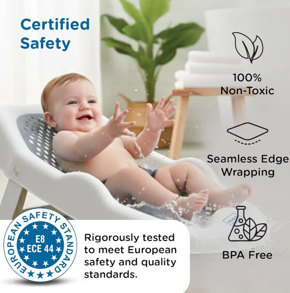 Mini Spa Baby Bath Chair with Spine Support Gel Shield & Adjustable Recline | Anti-Skid Base, Quick-Drain Mesh, BPA-Free Ergonomic Bath Seat for Newborns & Infants, Portable Design