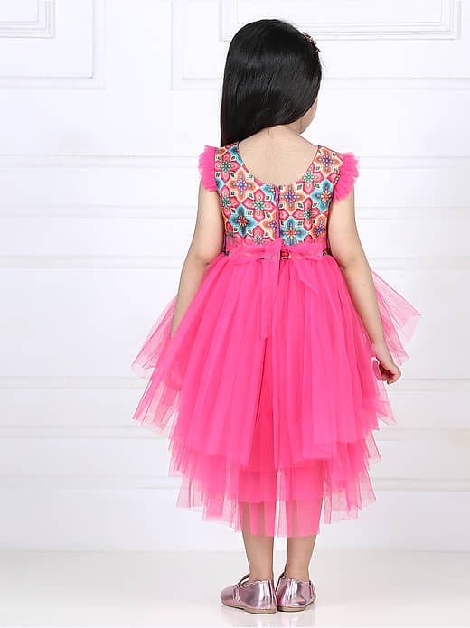 Girls’ Floral Bodice Layered Tulle Party Dress – Pink