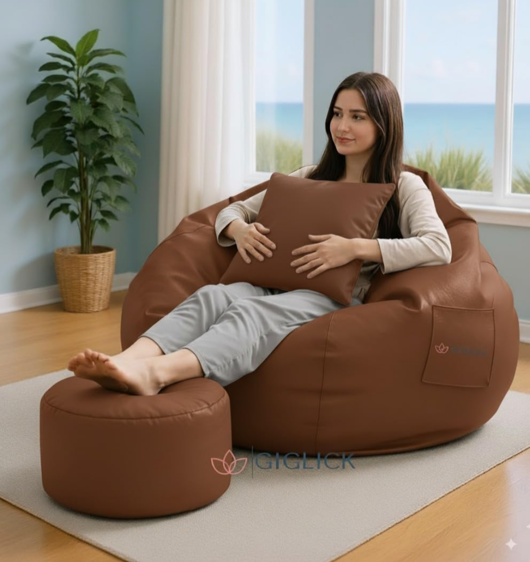 Premium Filled Bean Bag with Footstool N Cushion | Luxury Leatherette Bean Bag Chair for Adults, Kids | Comfortable, Durable, Stylish for Living Room, Bedroom, Gaming, Home Decor (Tan, 4XL)