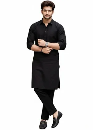 Black Cotton Pathani Kurta Pajama Set For Men