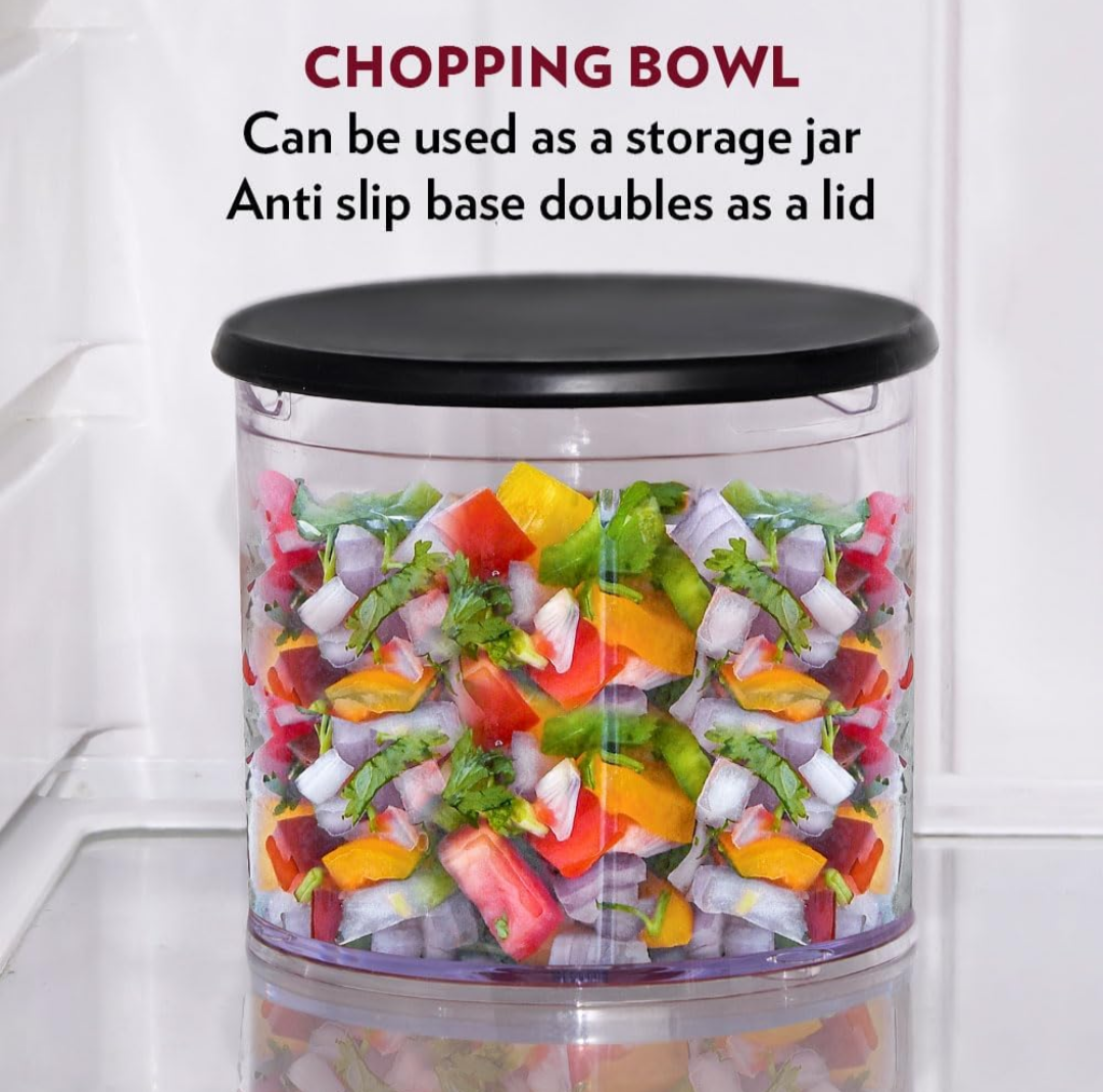 Borosil Chef Delite 300 Watts Electric Chopper for Kitchen, Twin Blade Technology, 600 ml 'chop-n-store' plastic bowl with lid, Vegetable Chopper, Cutter, Chop, Mince, Dice, Whisk, Blend, Black