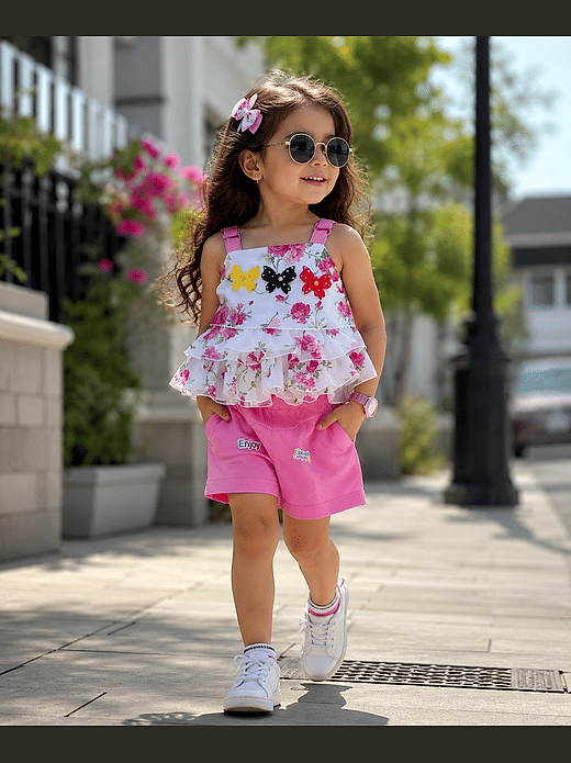 Premium Branded Baby Girls Cotton Blend T-Shirt & Shorts Set – Pack of 1 (White & Pink)