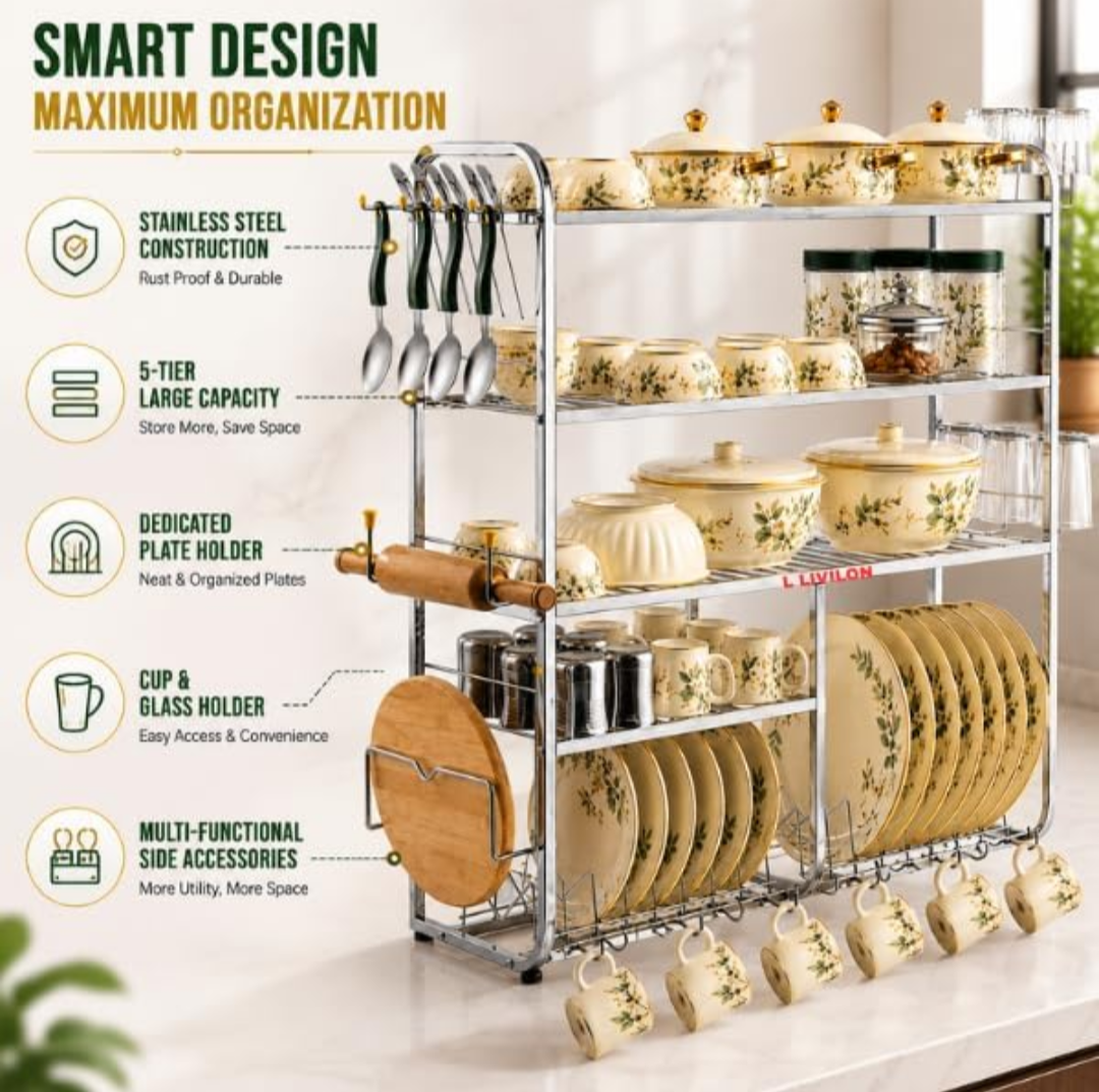 Wall Mount Kitchen Utensils Dish Rack Stainless Steel Utensil Rack | Stand Dish Stand | Holder Utensils Rack with Plate| Bowl & Cutlery