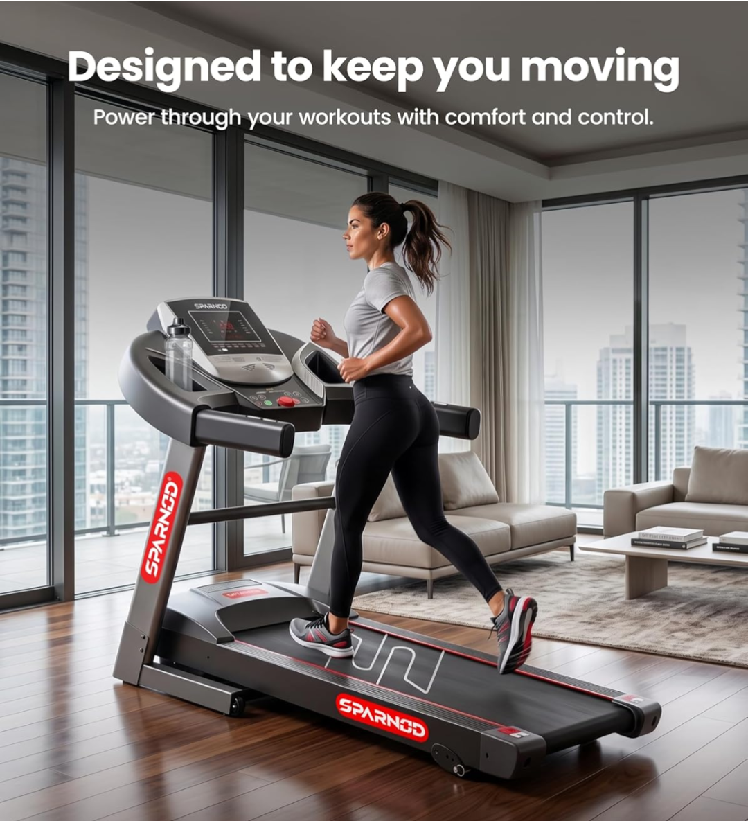 Sparnod Fitness STH-1200 Motorized Treadmill for Home Use, 4 HP Peak DC Motor, Bluetooth,12 km/hr Speed, 110 kg Max User Weight, 12 Preset Workouts, Manual Incline, Hi-Fi Speaker, Safety Key