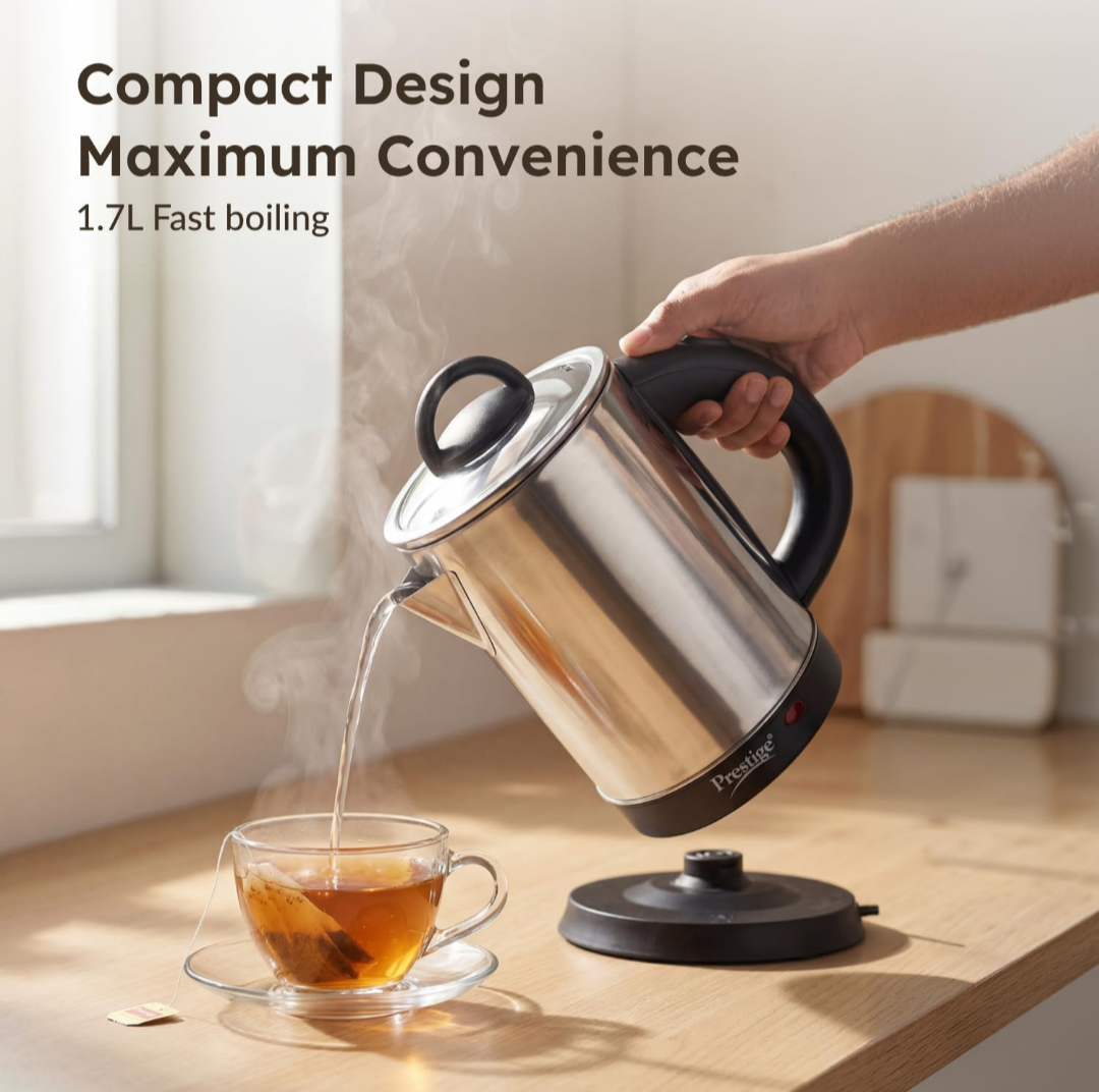Prestige 1.7L PKGSS Stainless Steel Electric Kettle | 1350 Watts | Glass Lid with heat resistent handle | Single Touch lid locking |Automatic Cut Off | Silver