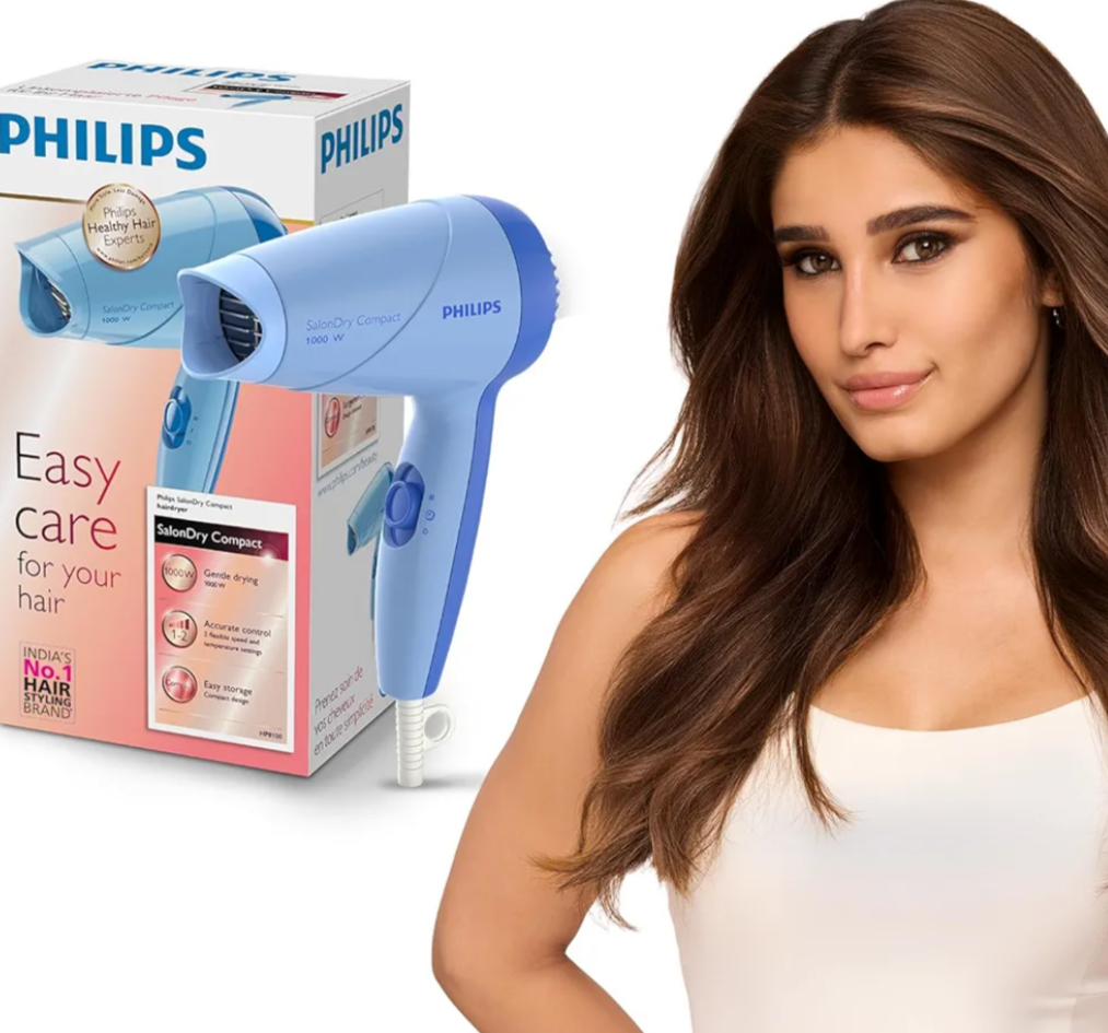 Philips brand | Hair Styling Brand -Hair Dryer 1000W |Blow Dry for Men & Women | 2 Heat Settings| ThermoProtect tech |Travel-Friendly, Quick Dry, Frizz Control | For Indian Hair | HP8100/60 Blue