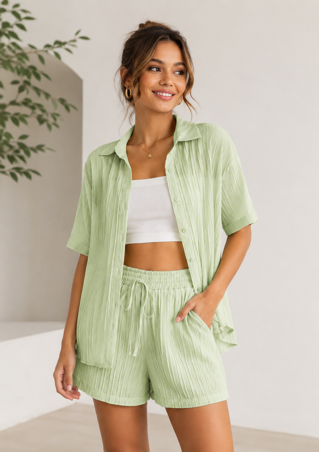 Fashion Co-ord Set for Women Stylish Solid Poly Lycra Cotton | Textured Pyjama Set For Woman Travel Beach & Holiday Look | Oversized Loose Fit Trendy Top & Shorts for Summer Day Vacation