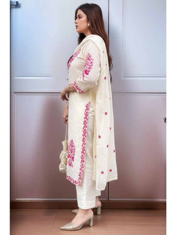 Womens Cream Viscose Rayon Straight Embroidered Kurta with Pant & Dupatta