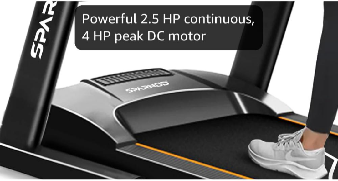 Sparnod Fitness STH-1200 Motorized Treadmill for Home Use, 4 HP Peak DC Motor, Bluetooth,12 km/hr Speed, 110 kg Max User Weight, 12 Preset Workouts, Manual Incline, Hi-Fi Speaker, Safety Key