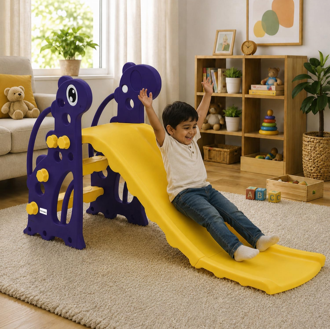 Premium Brand toys |Dolphin 2-in-1 Garden Slide for Kids with Basketball Hoop & Ball | Medium | Indoor & Outdoor | Safe for Boys & Girls | Age 2-3 Years | Easy Assembly | Purple & Yellow