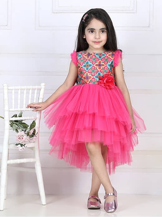 Girls’ Floral Bodice Layered Tulle Party Dress – Pink