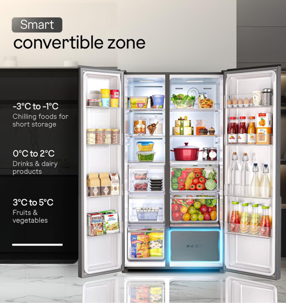 Godrej 600L 3Star 5 Years Comprehensive Warranty Smart Convertible Zones | Toughened Glass Door | Side by Side Refrigerator (2025 Model, RS EONVELVET 646C RIT SM BL, Storm Blue)