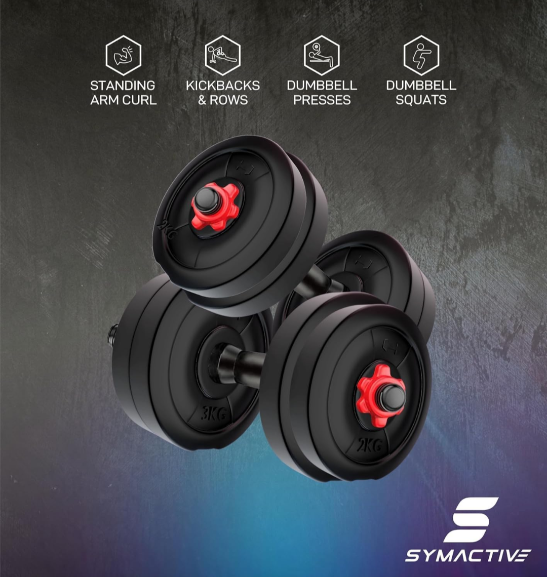 Gpieo Brand - Symactive 20 Kg Adjustable Dumbbell Set – Durable PVC Plates (2kg x 4, 3kg x 4) with Secure Weight-Locking Mechanism, Pair of 14'' Rods & Nuts