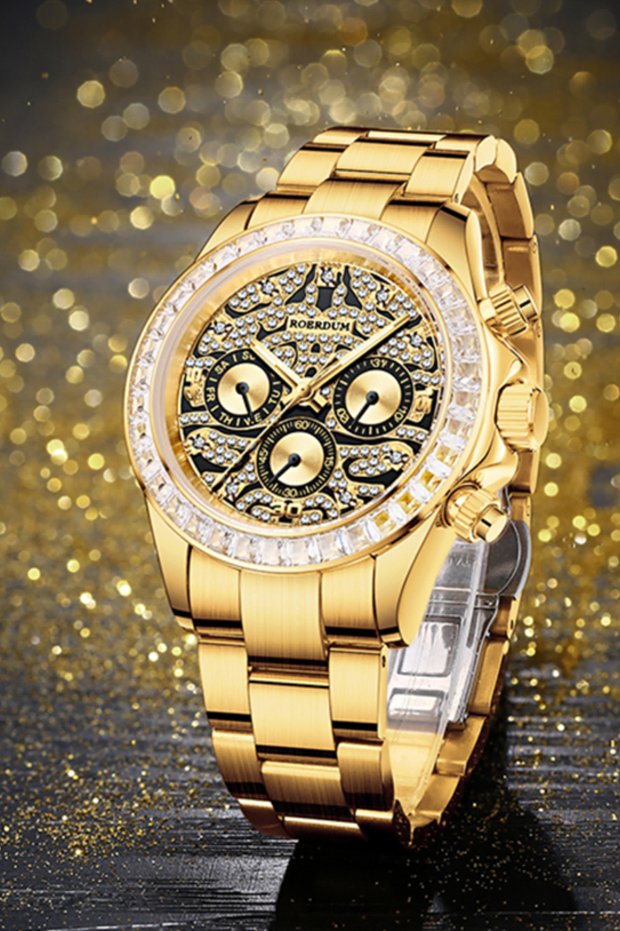 Luxury Men Gold Chronograph Watch | Rolex Watch, Tiger Eye Watch Crystal Embellishments, Black Silicone Strap, Decorative Subdials, Stylish Watch for Unisex