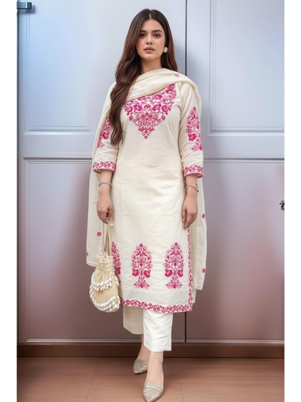 Womens Cream Viscose Rayon Straight Embroidered Kurta with Pant & Dupatta